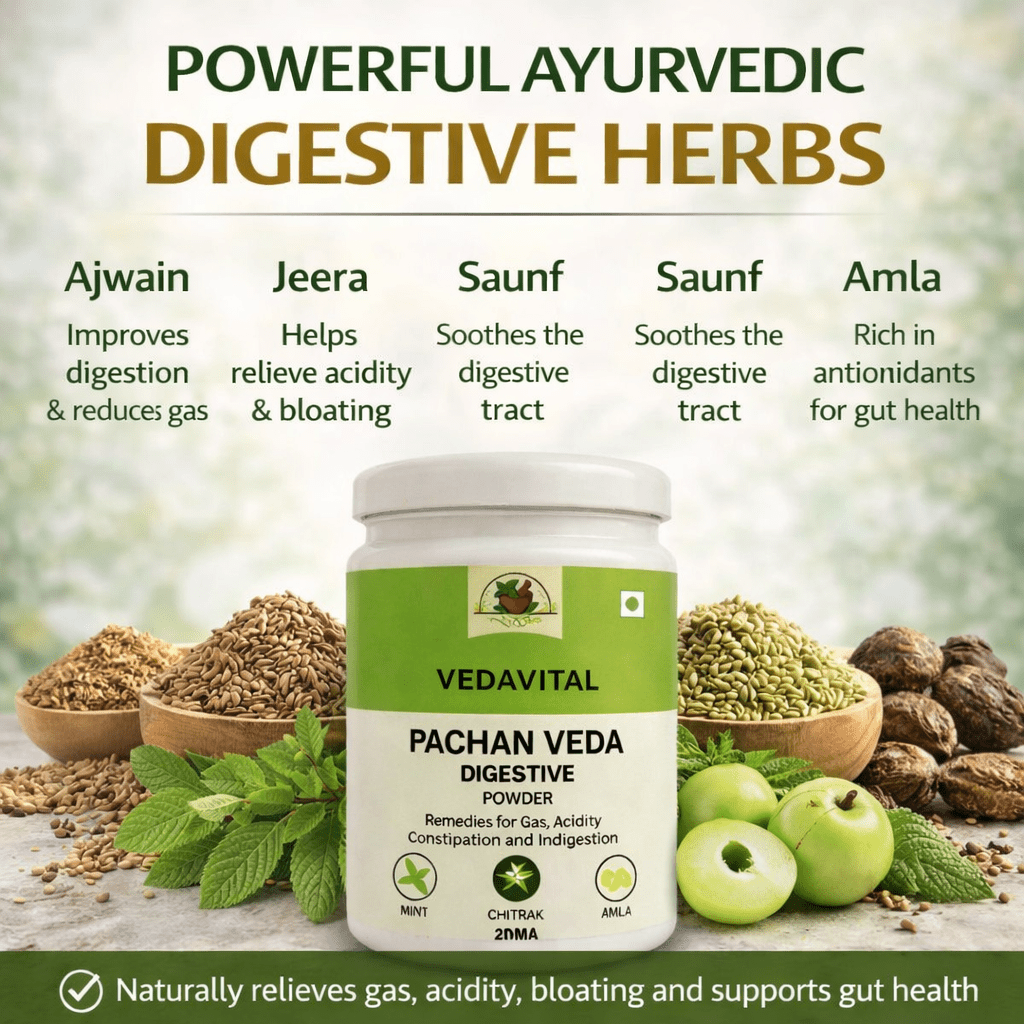 PACHANVEDA Ayurvedic Digestive Powder – Gas, Acidity & Bloating Relief - VEDAVITAL HERBALPACHANVEDA Ayurvedic Digestive Powder – Gas, Acidity & Bloating ReliefDigestive SupplementVEDAVITAL HERBALPACHANVEDA Ayurvedic Digestive Powder – Gas, Acidity & Bloating Relief