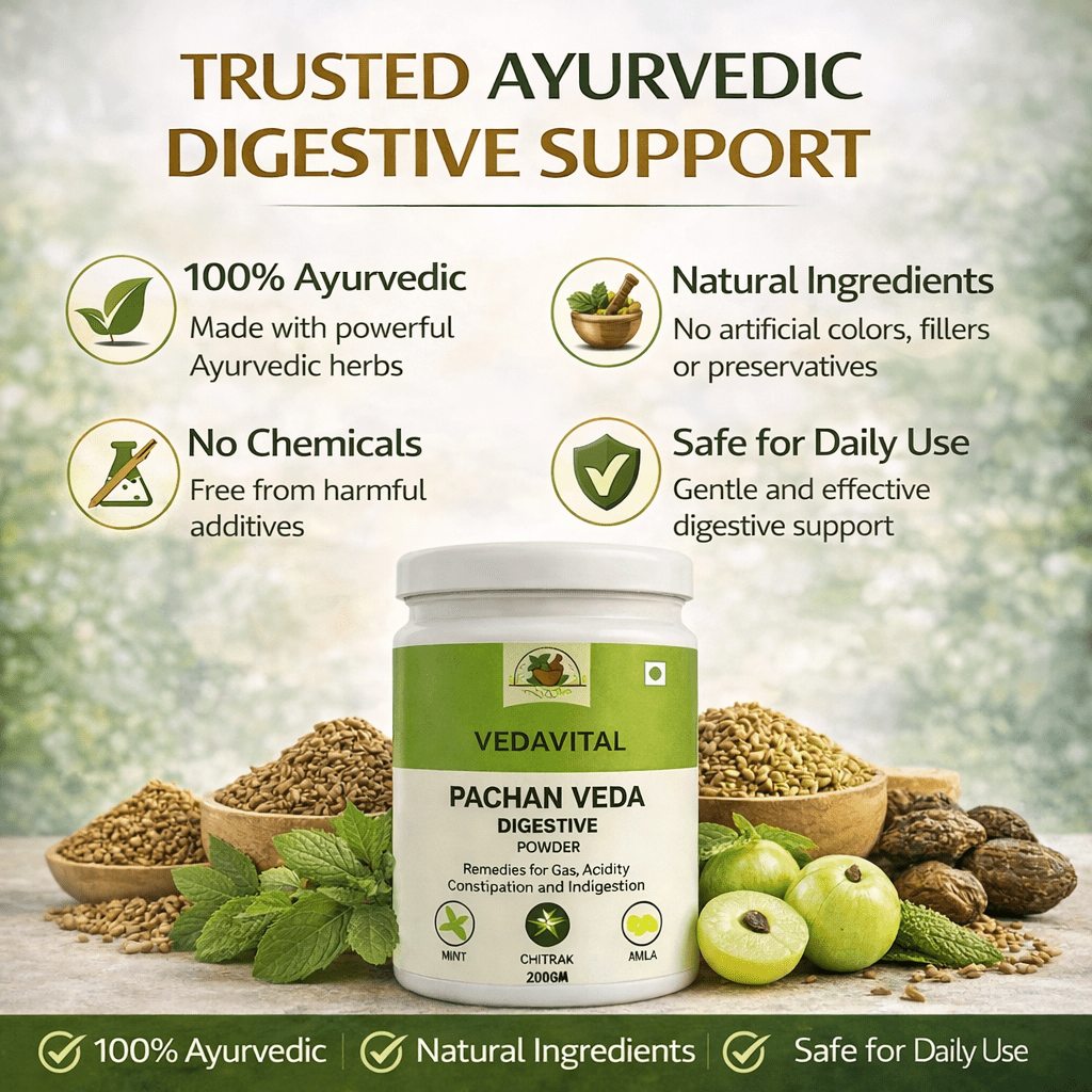 PACHANVEDA Ayurvedic Digestive Powder – Gas, Acidity & Bloating Relief - VEDAVITAL HERBALPACHANVEDA Ayurvedic Digestive Powder – Gas, Acidity & Bloating ReliefDigestive SupplementVEDAVITAL HERBALPACHANVEDA Ayurvedic Digestive Powder – Gas, Acidity & Bloating Relief